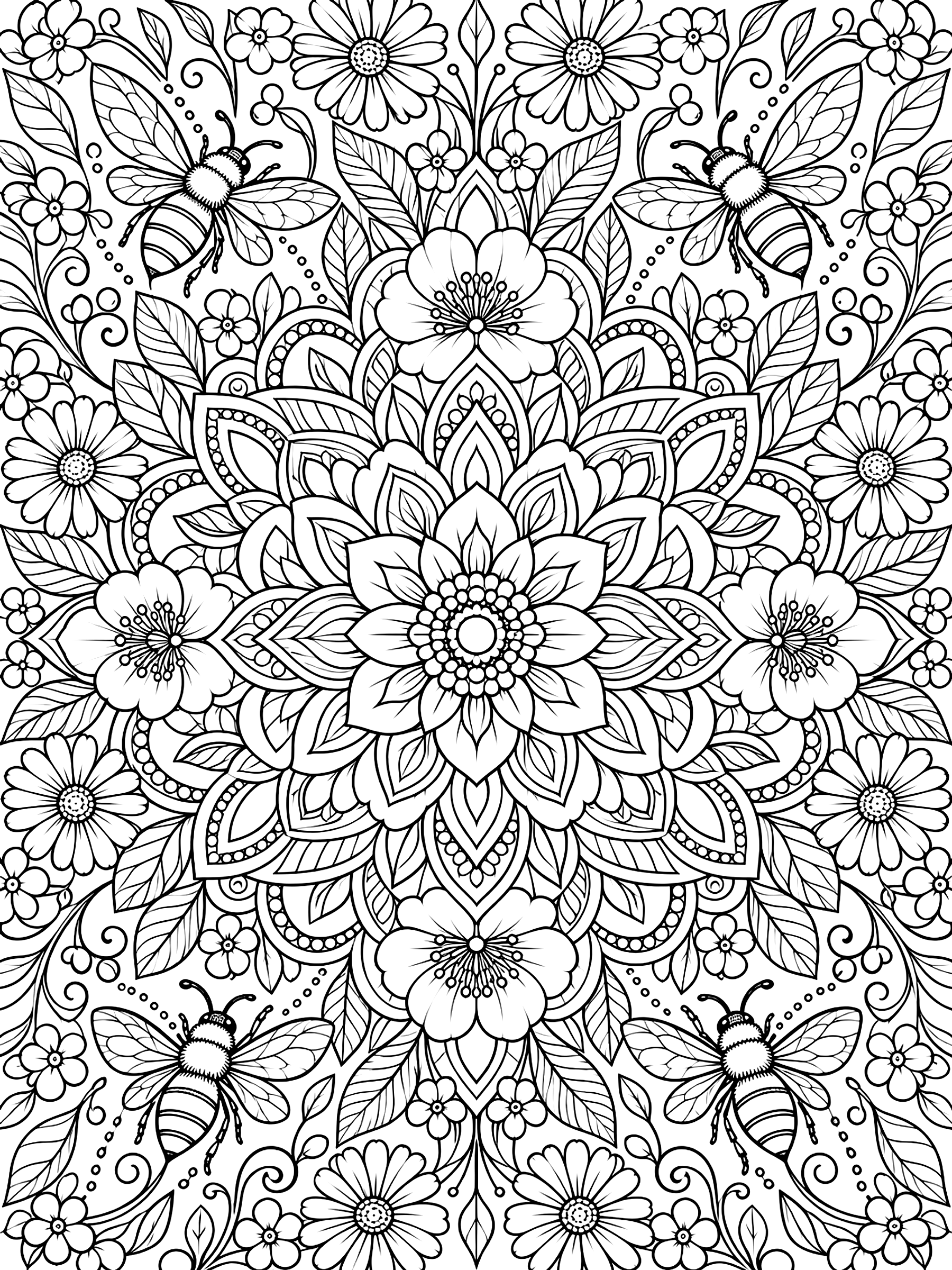 Detailed Spring mandala with flowers and bees coloring page