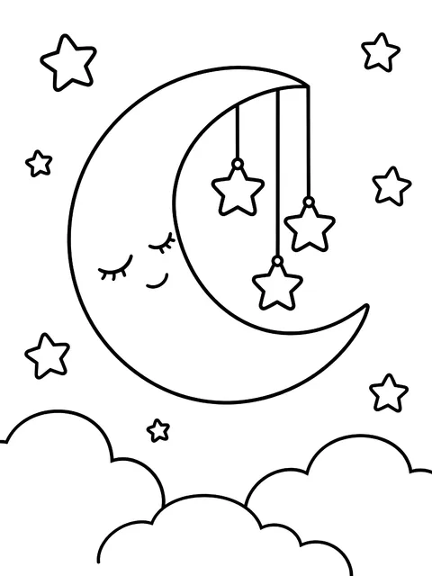 Sleeping moon with hanging stars coloring page