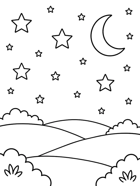 Starry sky over hills coloring page