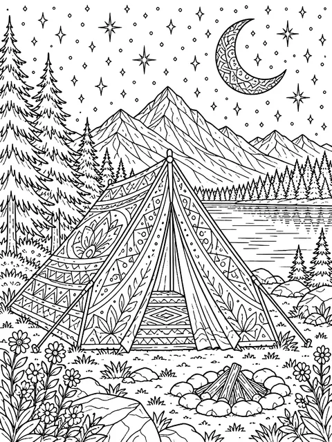 Detailed Tent under a starry sky coloring page