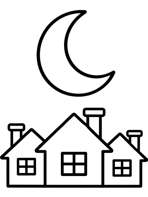 Easy Crescent moon over rooftops coloring page