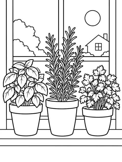 Potted herbs on a windowsill coloring page