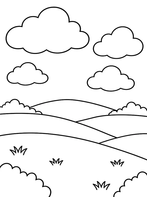 Clouds over rolling hills coloring page