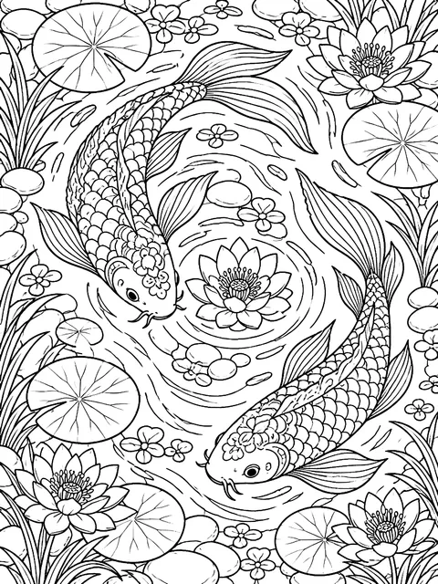 Detailed Koi circling a pond coloring page