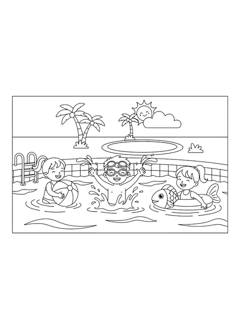 Kids in a swimming pool coloring page