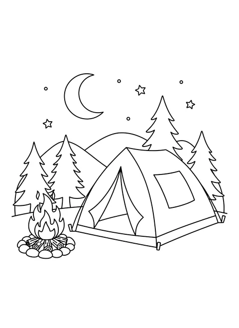 Camping tent and campfire coloring page