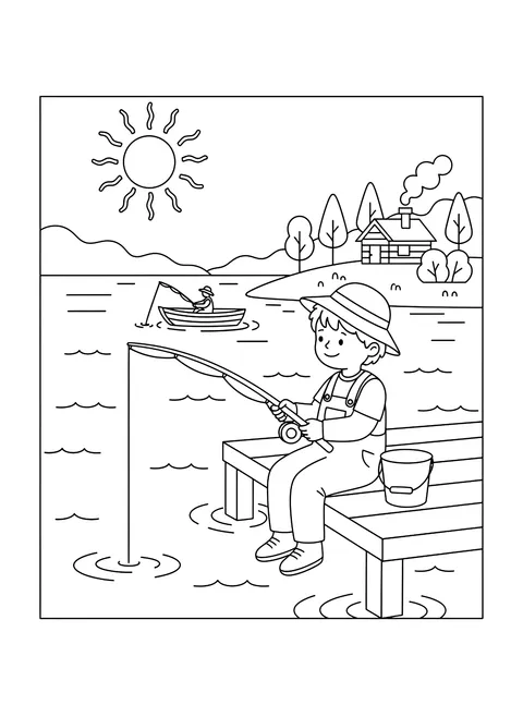 Fishing on a dock coloring page