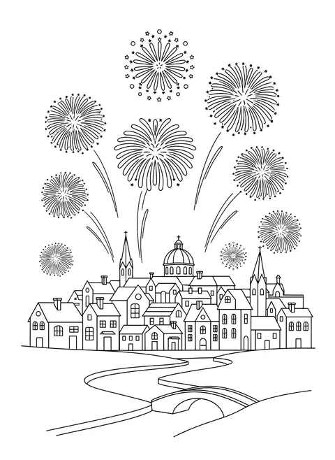 Fireworks over a town coloring page