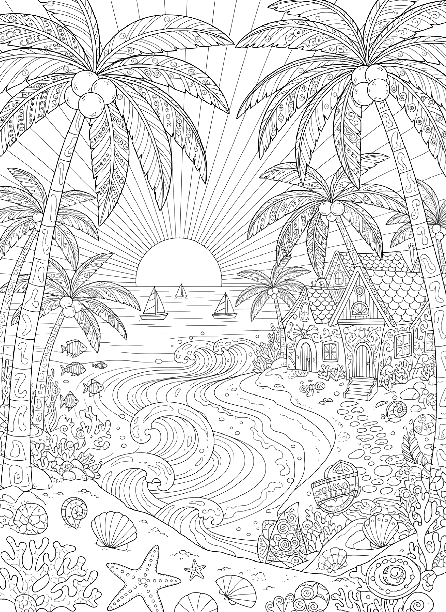 Detailed Detailed beach scene coloring page