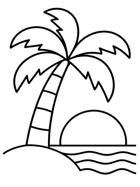 Easy Sunset with one palm tree coloring page
