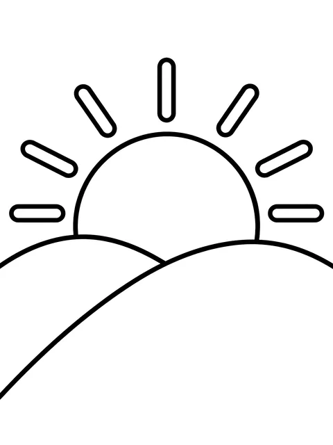 Easy Sun setting behind two hills coloring page