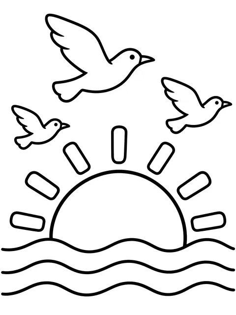 Easy Sunset with birds flying coloring page