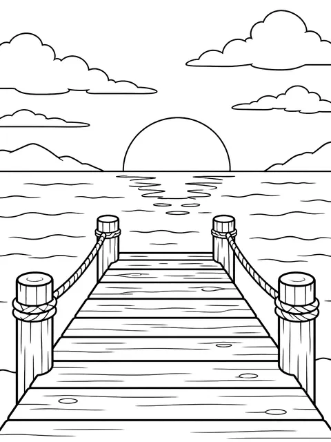 Pier at sunset coloring page