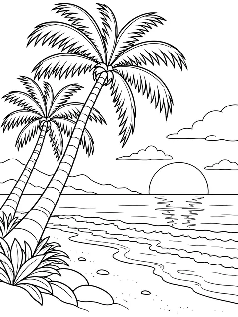 Beach sunset with leaning palms coloring page