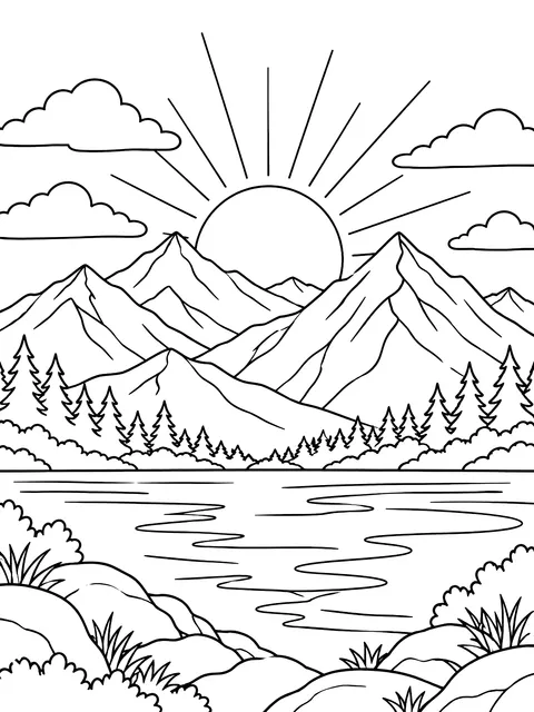 Sunset behind mountains coloring page