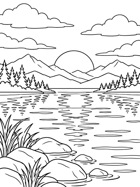 Lake sunset with a reflection coloring page
