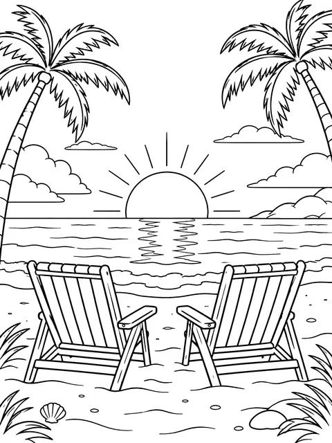 Two beach chairs facing the sunset coloring page