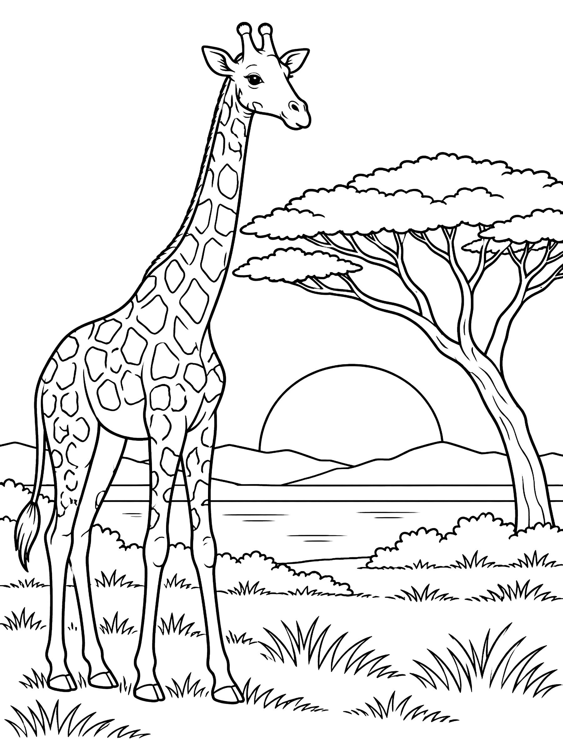 Savanna sunset with a giraffe and a flat-topped tree coloring page