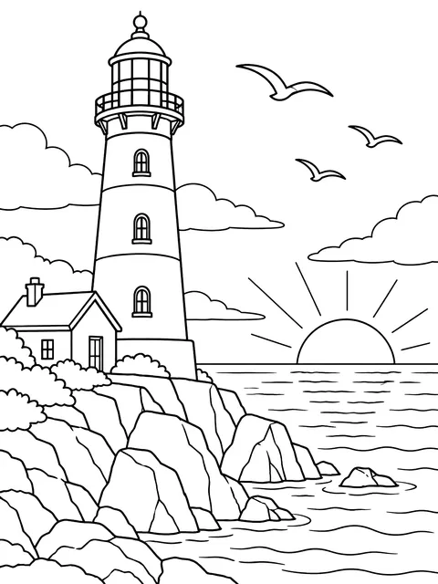 Lighthouse at sunset coloring page