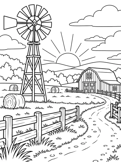 Farm sunset with a windmill coloring page