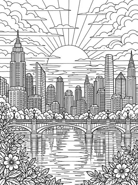 Detailed City skyline at sunset coloring page
