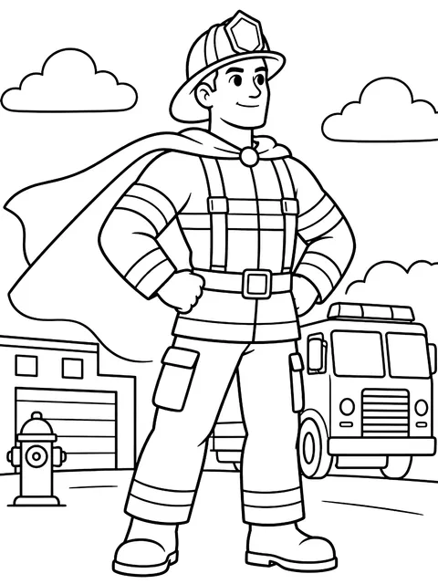Firefighter with a cape coloring page