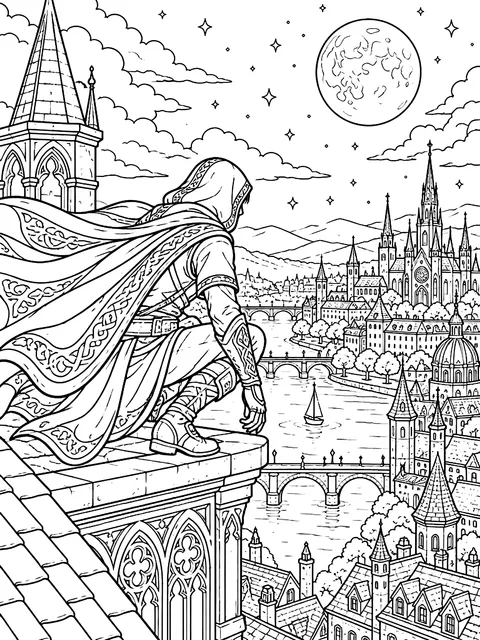 Detailed Hero on a rooftop at night coloring page