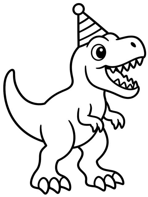 Easy T. rex in a birthday hat coloring page