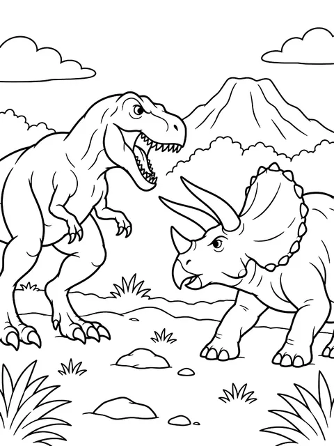 T. rex facing a Triceratops coloring page