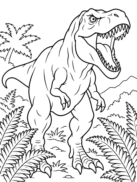 T. rex roaring among ferns coloring page