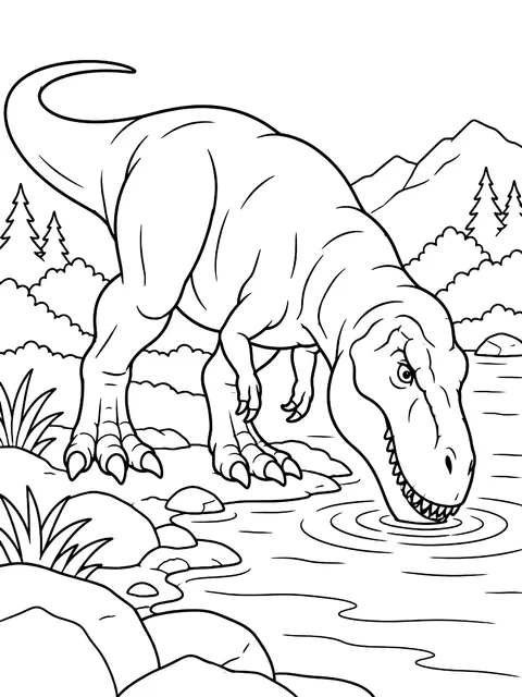 T. rex drinking at a river coloring page