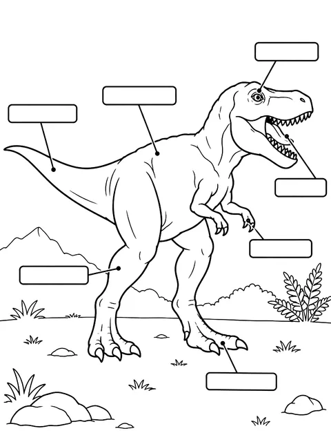 T. rex side view with parts to label coloring page