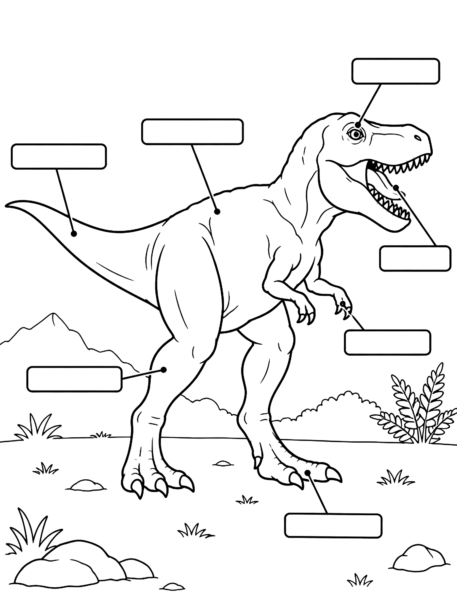 T. rex side view with parts to label coloring page