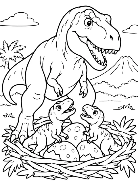 T. rex with her babies at the nest coloring page