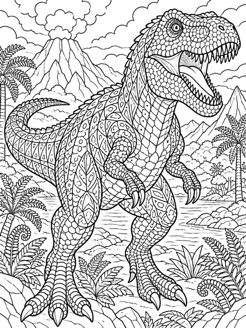 Detailed T. rex with patterned scales coloring page