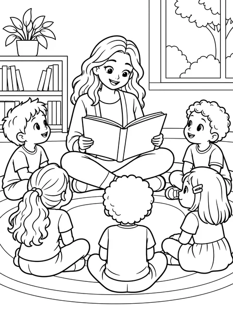 Teacher reading to a circle of kids coloring page