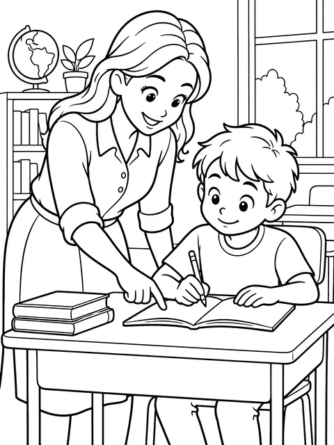 Teacher helping a student at a desk coloring page