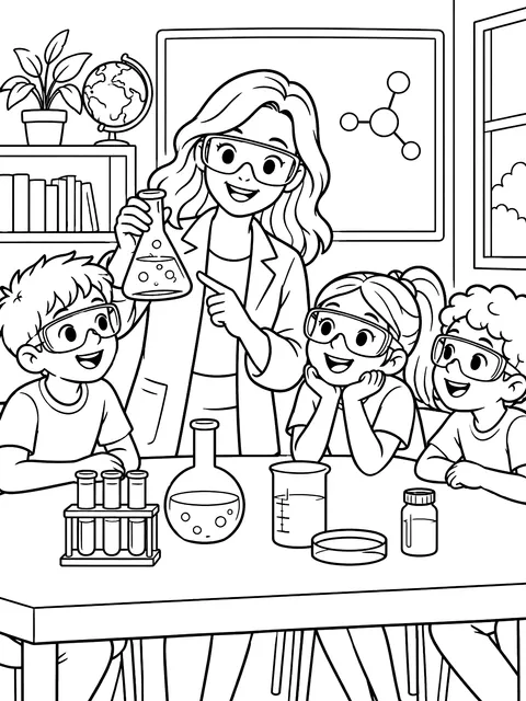 Teacher leading a science experiment coloring page