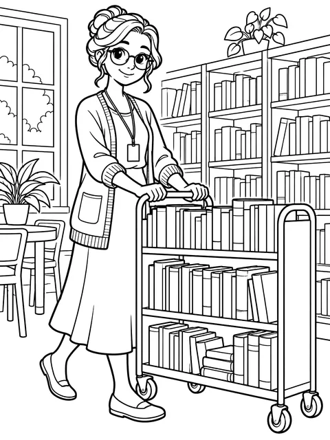 Librarian with a book cart coloring page