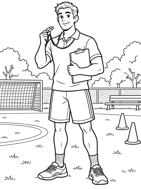 Coach with a whistle and clipboard coloring page