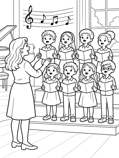 Music teacher with a class choir coloring page