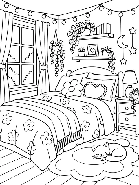 Bedroom with fairy lights coloring page
