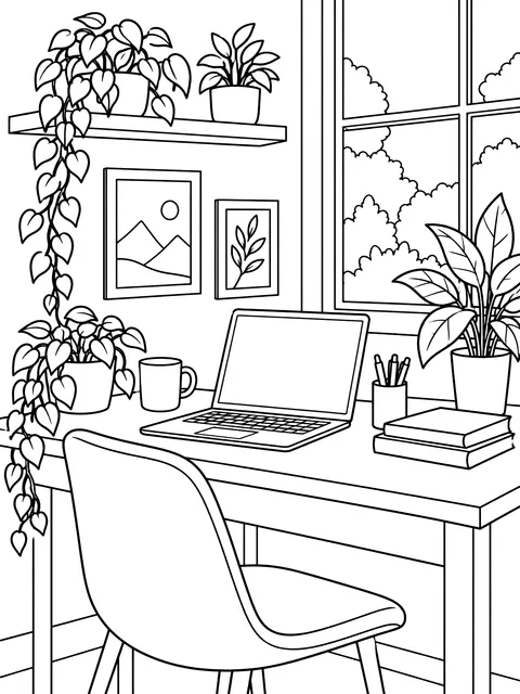 Desk with a laptop and plants coloring page