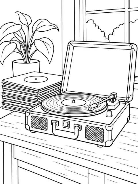 Record player and a stack of records coloring page