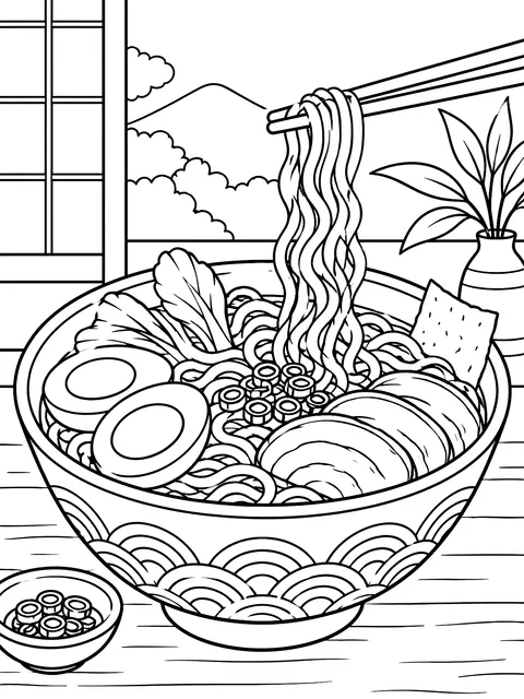 Ramen bowl with chopsticks coloring page