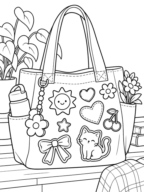 Tote bag with pins and patches coloring page