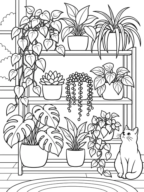 Shelf of houseplants coloring page