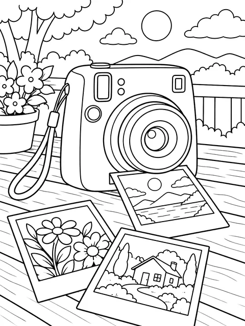 Camera with instant photos coloring page