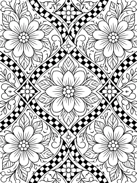 Detailed Checkerboard and flower pattern coloring page