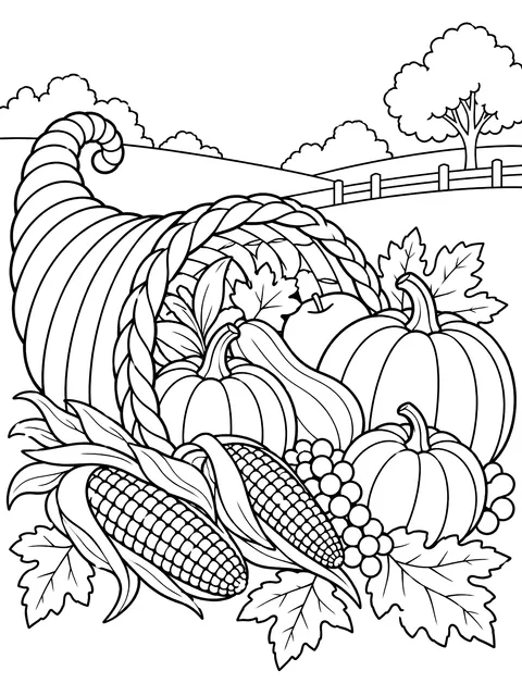Cornucopia with pumpkins and corn coloring page
